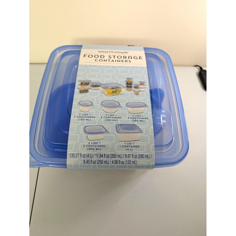 smart&simple 16pc Clear Rectangular Plastic Containers w/ Blue Snap Lids B20